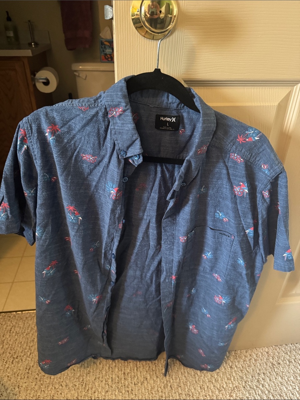 Hurley Men's Navy Blue Short-Sleeve Button-Up with Pink Tropical Print